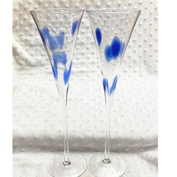 Crystal Hand-Blown Champagne Flutes w/Cobalt Blue Confetti Spots - Picture 6 of 6